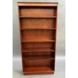 A reproduction mahogany open bookcase with parquetry inlaid frieze, adjustable shelves, 90cm wide