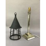 A silver plated Corinthian column table lamp together with a black painted iron witches hat hall