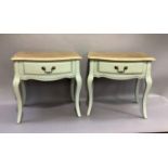 A pair of pale blue painted single drawer bedside tables with oak effect top, bowed drawer on