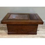A Japanese stained elm indoor zen garden table with bevel glazed covered copper recess flanked by