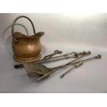 19th century steel fire irons, a later copper coal hood, pair of tongs