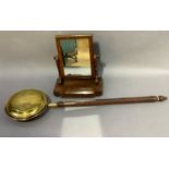 A Victorian mahogany dressing table mirror together with a Victorian copper and brass warming pan