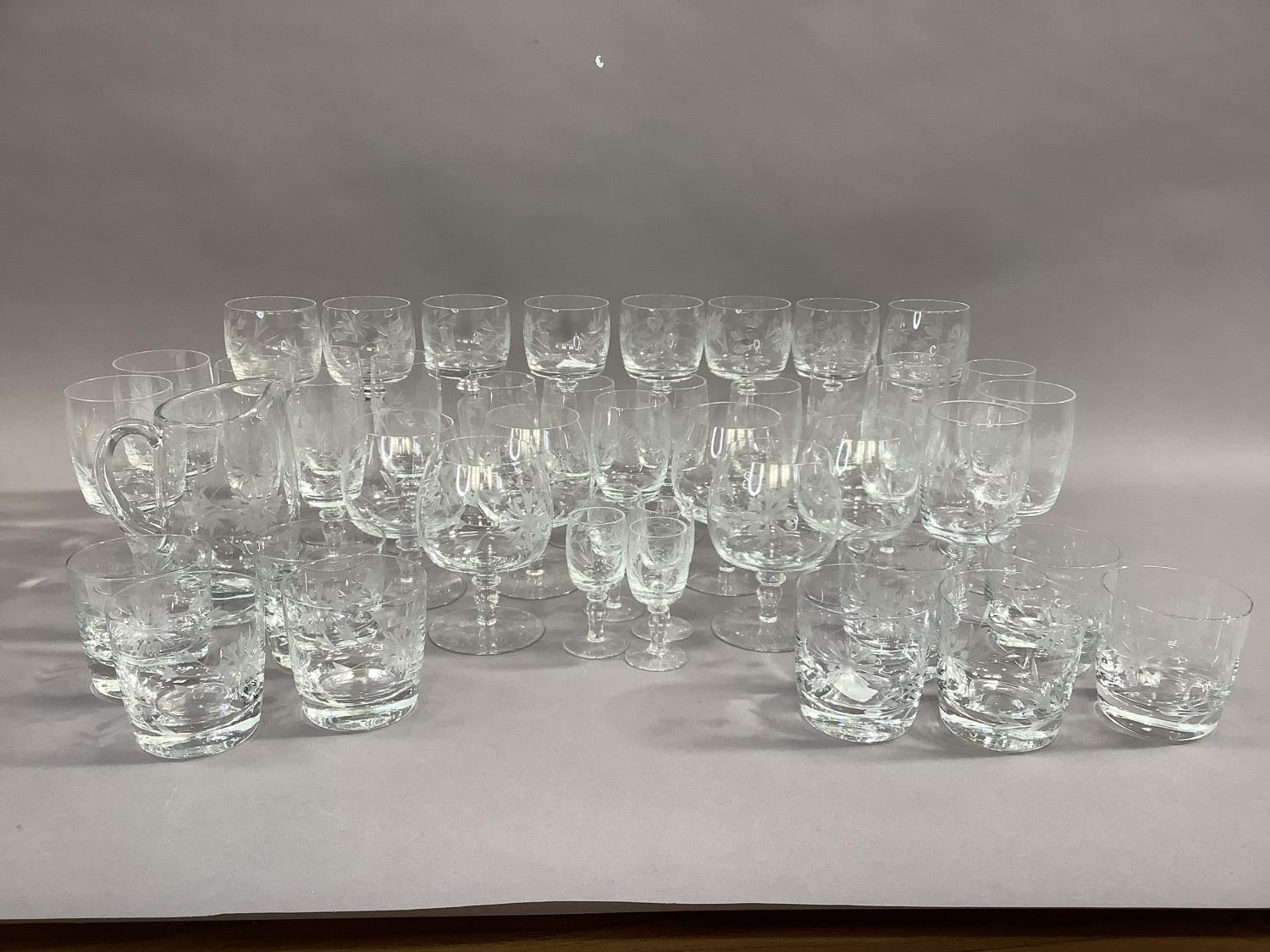 A part suite of Polish table glass comprising wine hocks, brandy glasses, tumblers, liqueurs, etc,