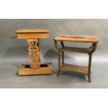 A late Victorian oak hall stand, the top with hinged lid, brass side rail with rectangular panel