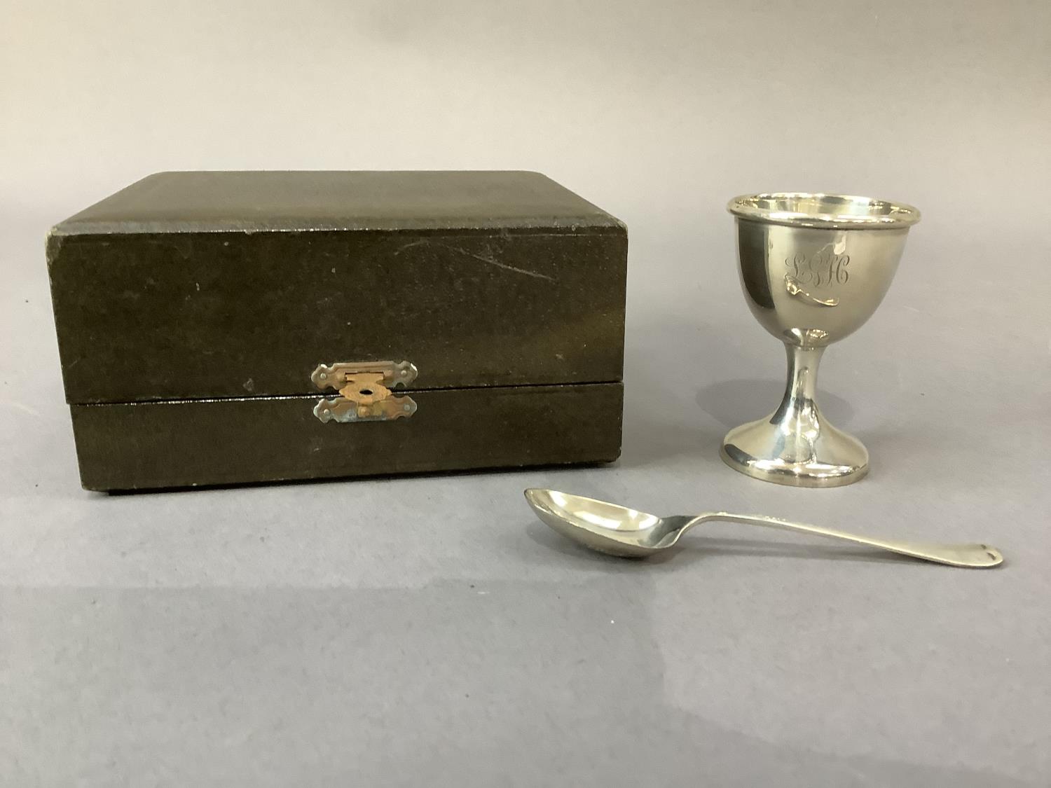 A silver egg cup initialled LGH and spoon, Birmingham 1956 - Image 2 of 2