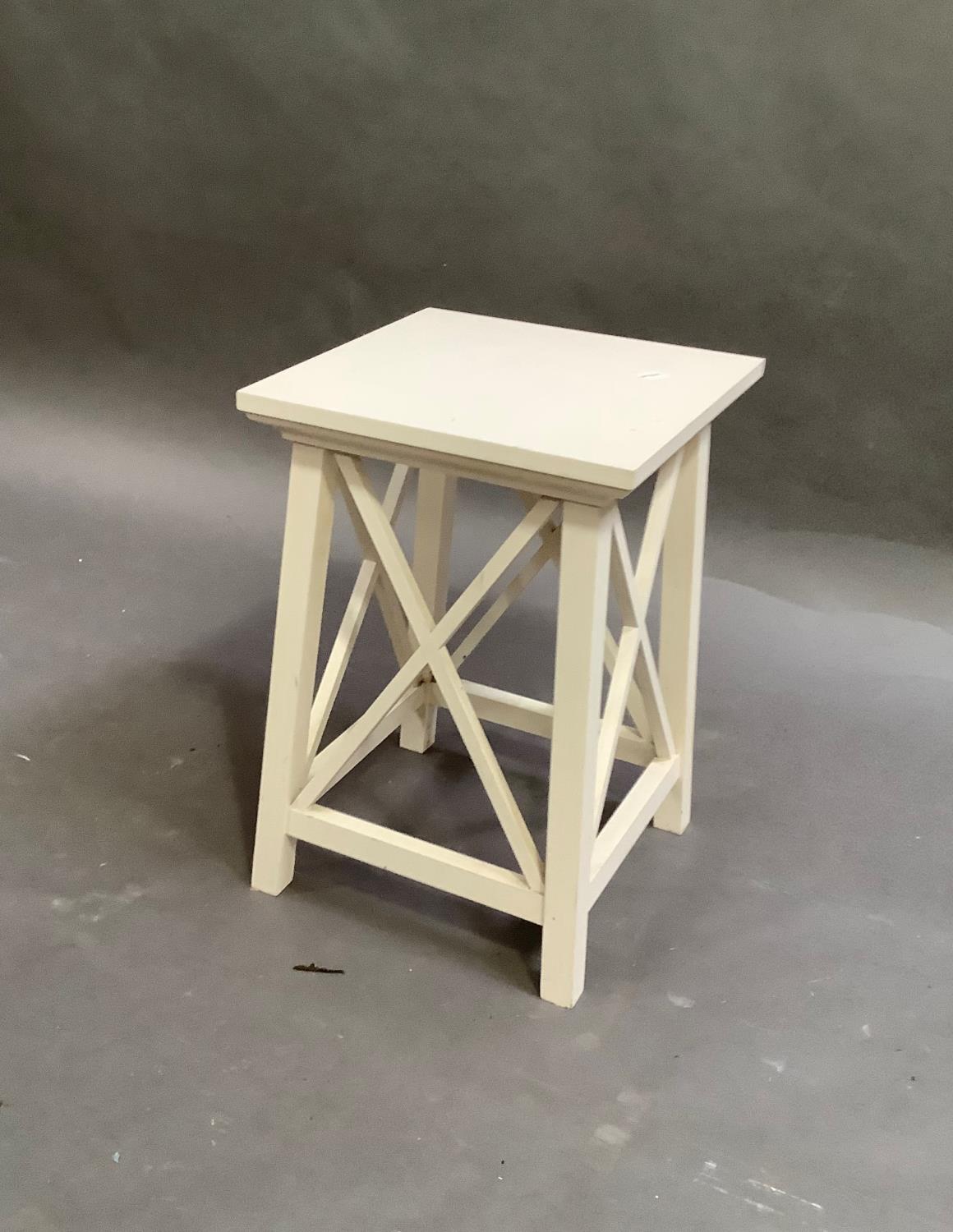 A cream painted square stand with X-frame sides on square legs, top 34cm square - Image 2 of 3