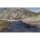 ARR Druie Bowett (1924-1998), mountain landscape, pen, pastel and colour wash, signed to bottom