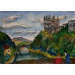 ARR Lois Bygrave (1915-1996), Durham Cathedral and the River Weir, pen, ink and watercolour,