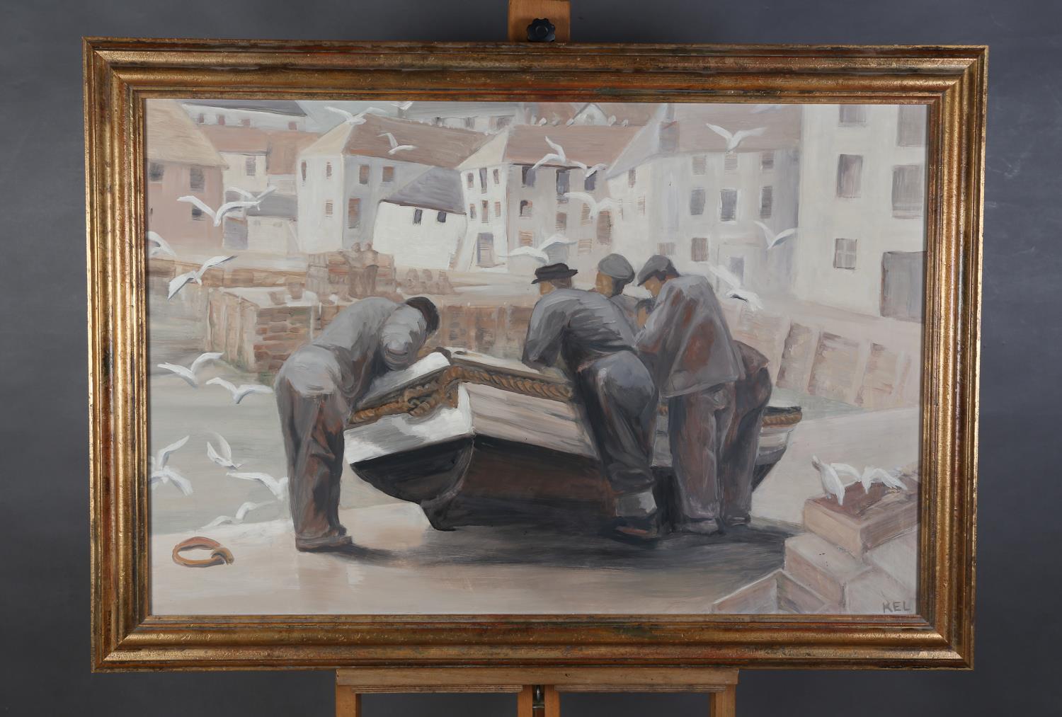 ARR KEL, 20th Century, Cornish harbour with fisherman and boat on the quayside, oil on board, - Image 2 of 5