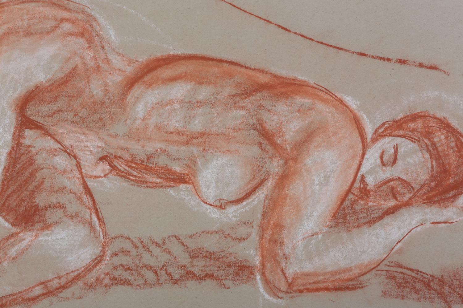 ARR Druie Bowett (1924-1998), study of a female nude, sleeping, red crayon with white, signed to - Image 2 of 3