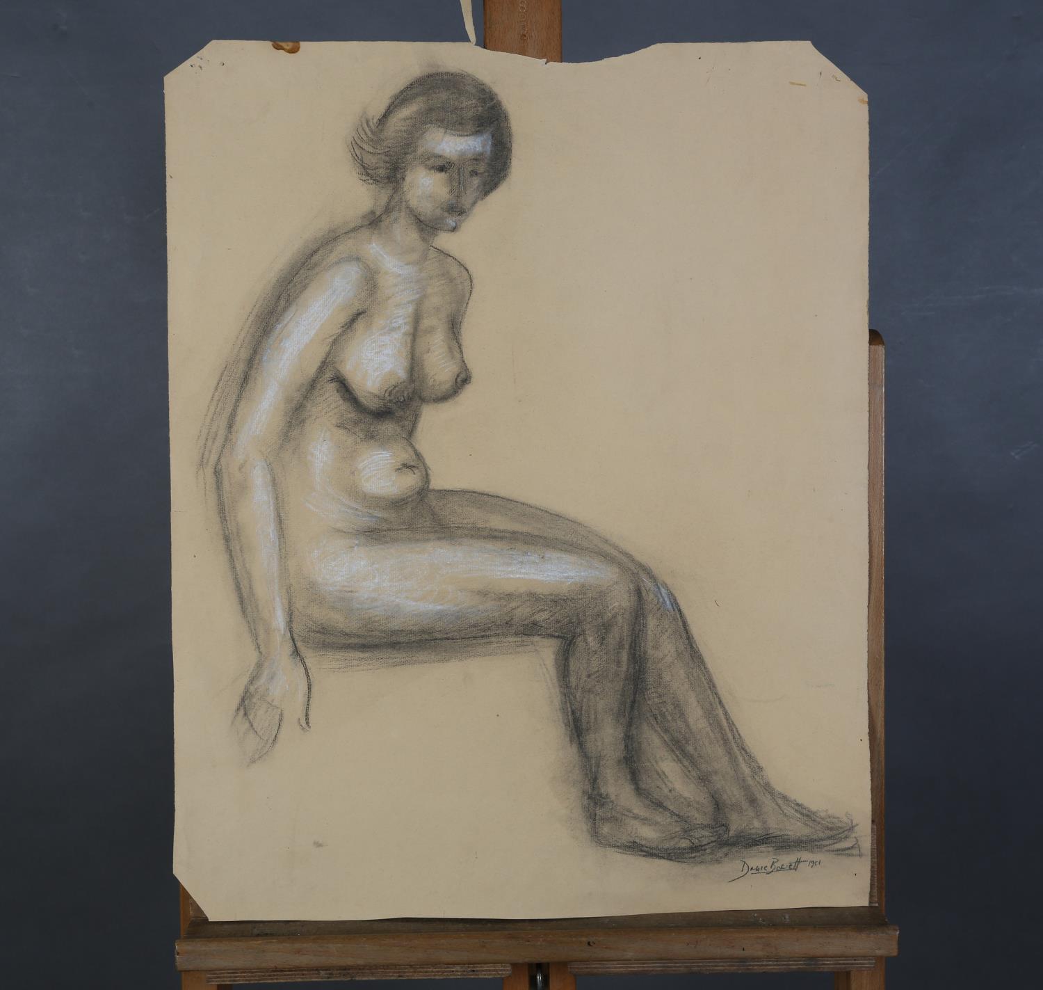 ARR Druie Bowett (1924-1998), study of a female nude, sitting, charcoal with white, signed and dated