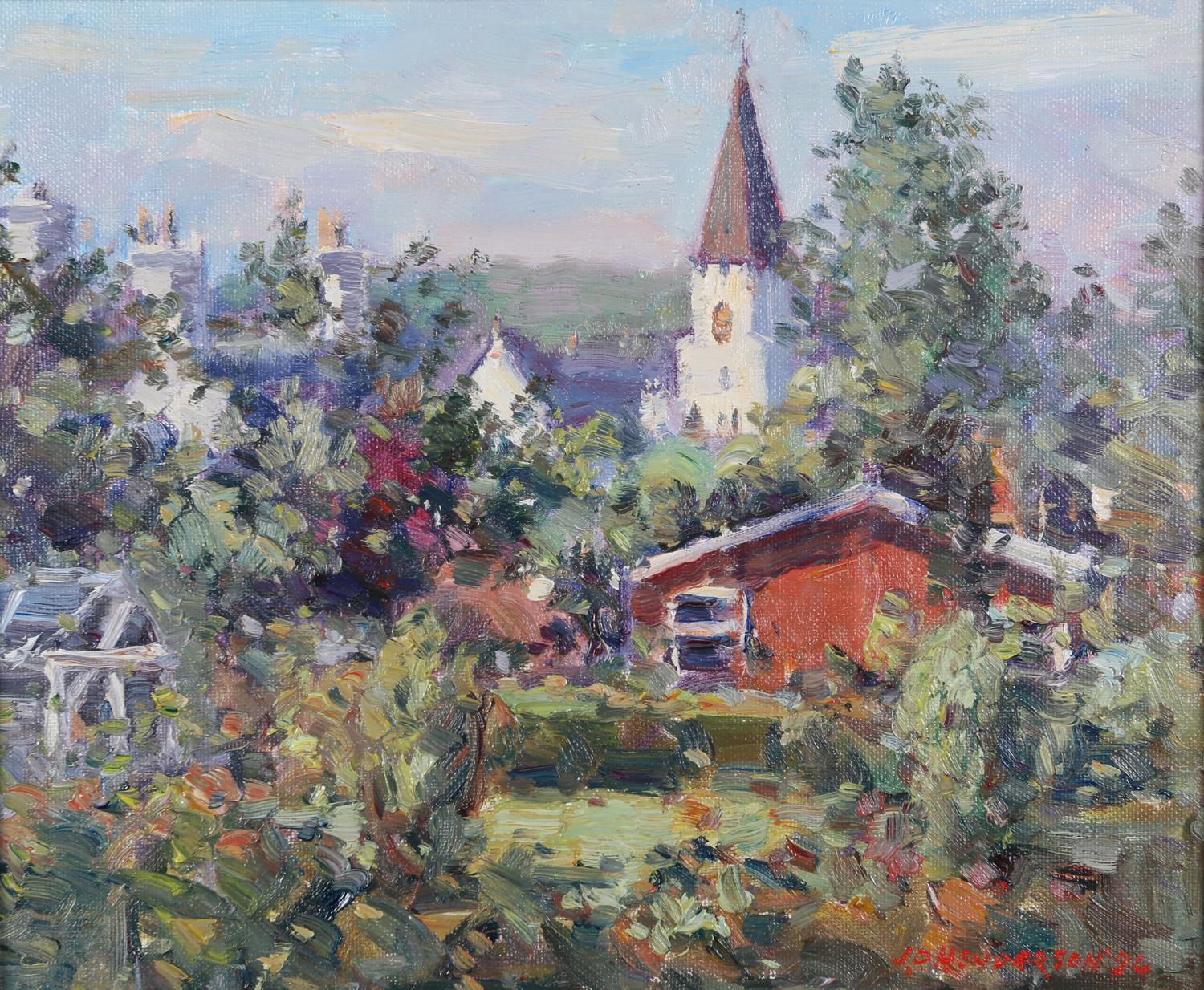 ARR J. D. Henderson, Scottish, 20th Century, 'The White Church, Comrie (From Nurse's Lane),' oil