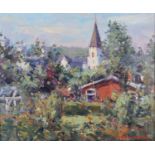 ARR J. D. Henderson, Scottish, 20th Century, 'The White Church, Comrie (From Nurse's Lane),' oil