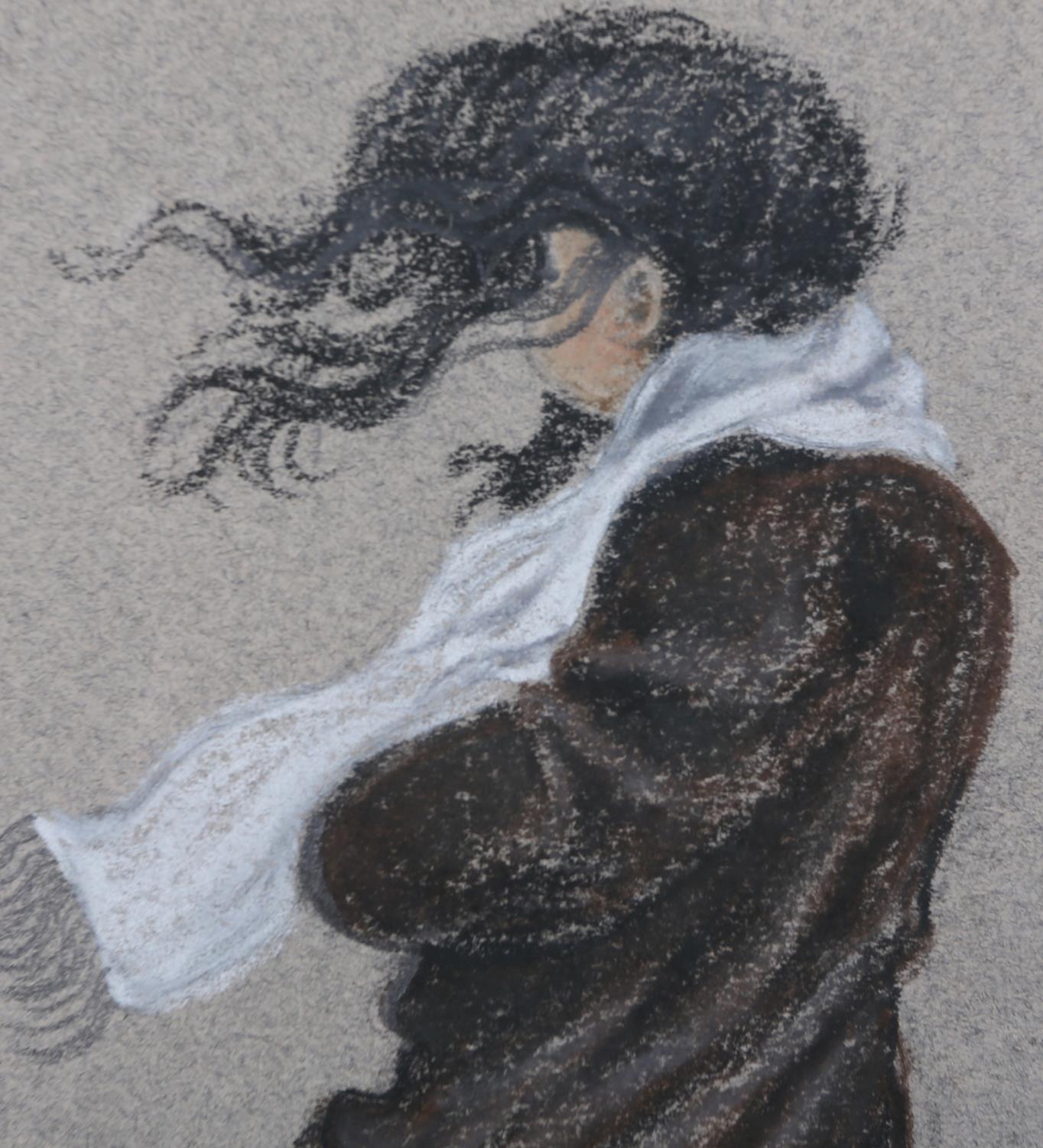 ARR Brian Shields 'braaq' (1951-1997), portrait of a girl on a windy day, full length, pastel, - Image 3 of 5