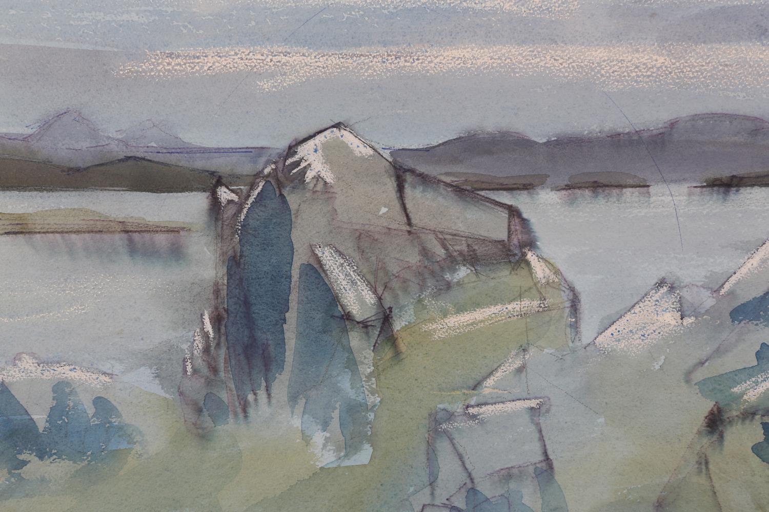 ARR Druie Bowett (1924-1998), shoreline with rocks, pen and ink, colour wash with wax resist, - Image 2 of 3