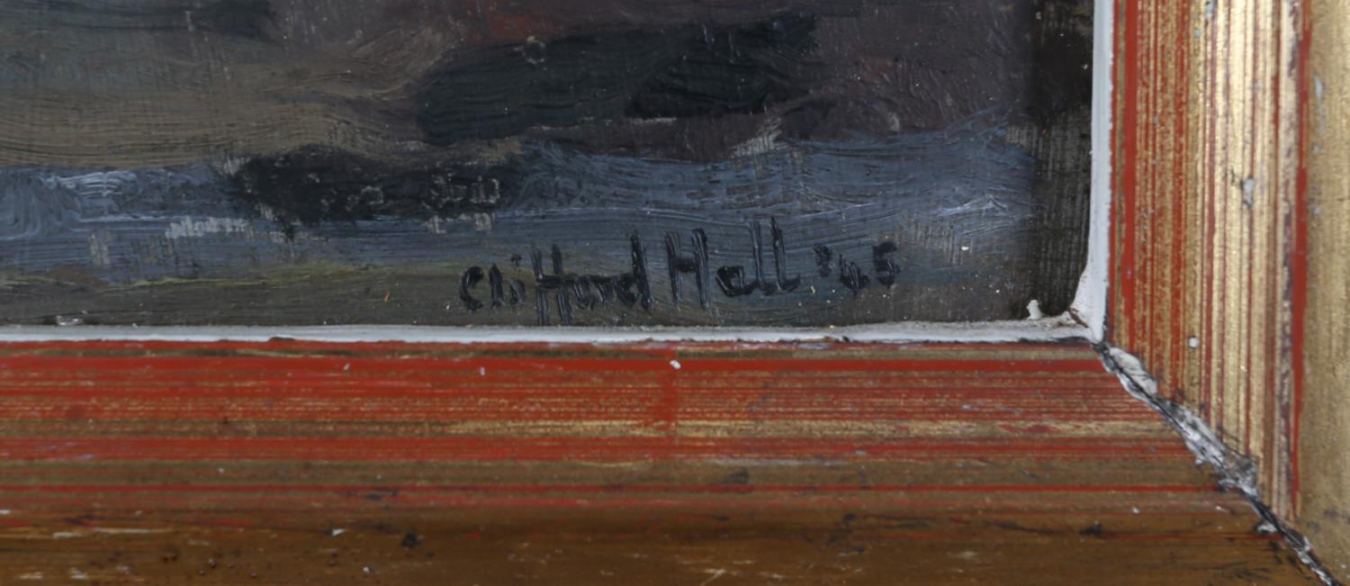 ARR Clifford Hall (1904-1973), 'The Pamela Hope,' Chelsea, London, boat in dry dock, oil on board, - Image 4 of 5