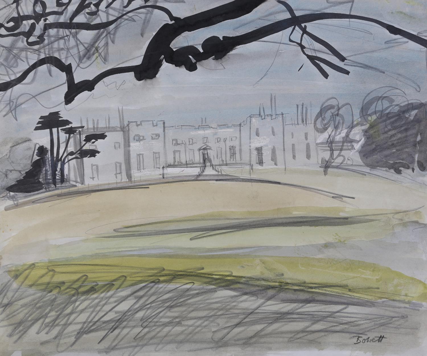 ARR Druie Bowett (1924-1998), Hazlewood Castle, nr.Tadcaster, pen and ink, pencil and colour wash,