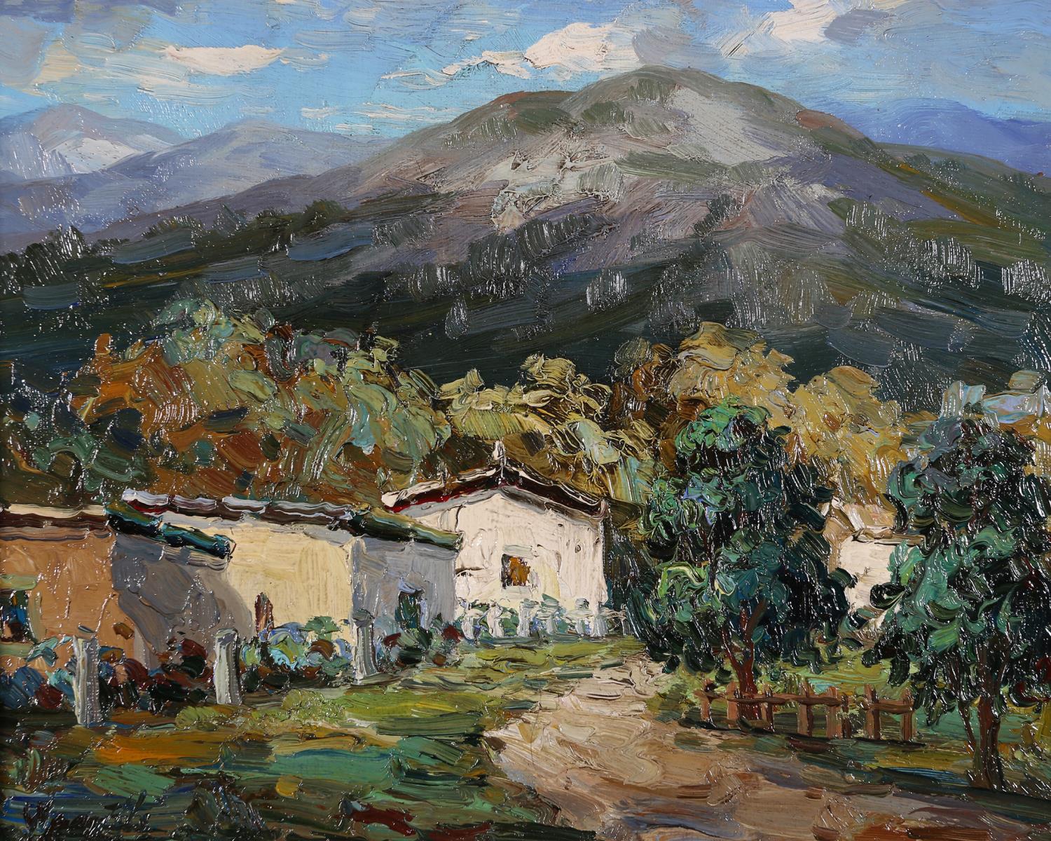 20th Century European, mountain landscape with white washed houses, oil on canvas, indistinctly