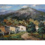 20th Century European, mountain landscape with white washed houses, oil on canvas, indistinctly