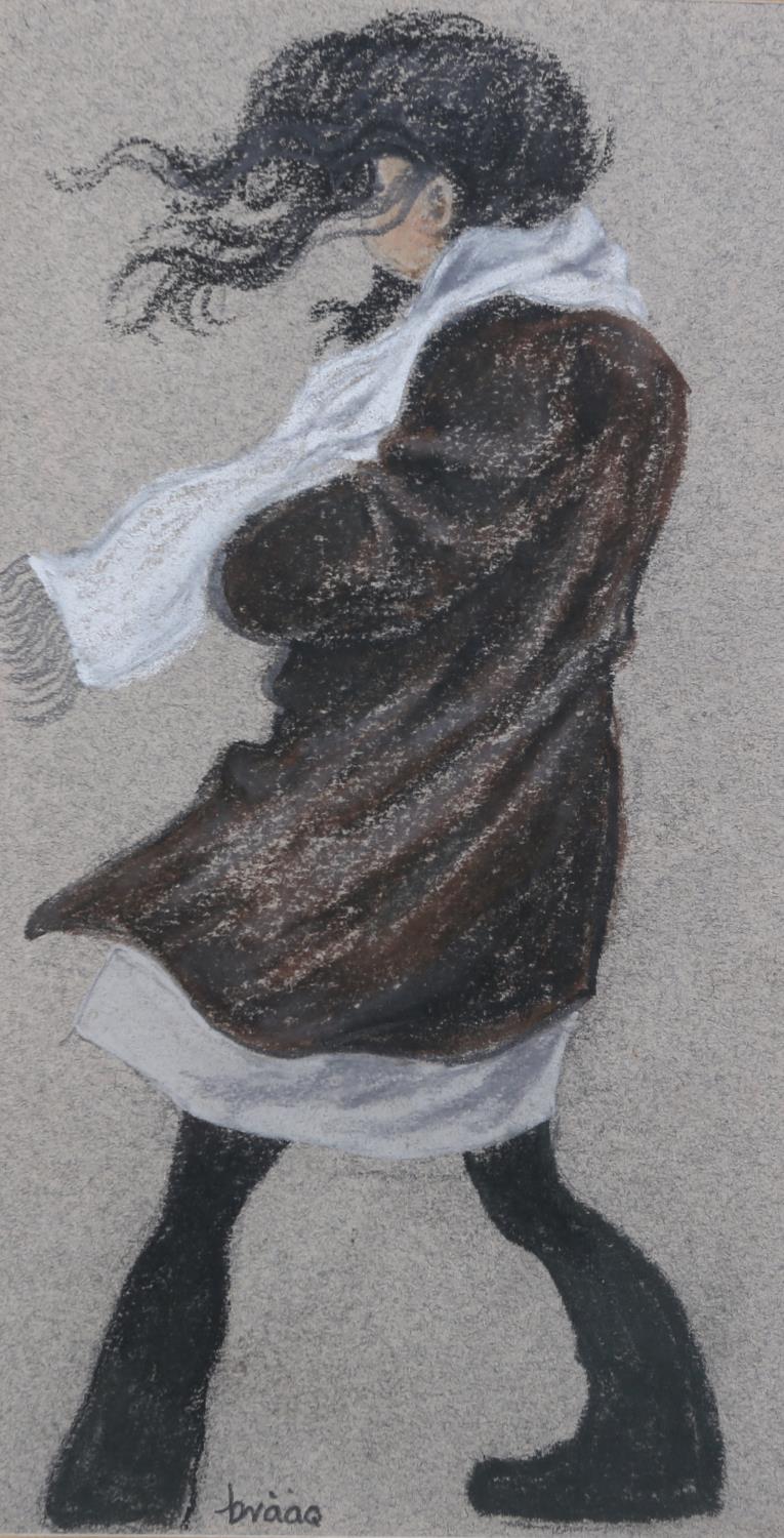 ARR Brian Shields 'braaq' (1951-1997), portrait of a girl on a windy day, full length, pastel,