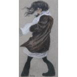 ARR Brian Shields 'braaq' (1951-1997), portrait of a girl on a windy day, full length, pastel,