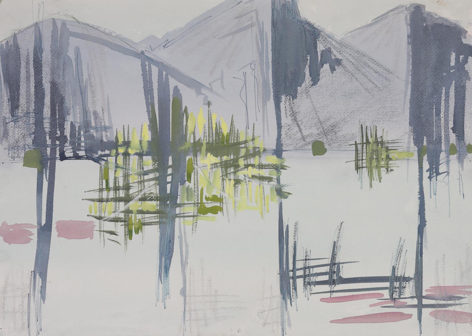 ARR Druie Bowett (1924-1998), mountains and trees, colour wash, unsigned, 36cm x 51cm. Provenance: