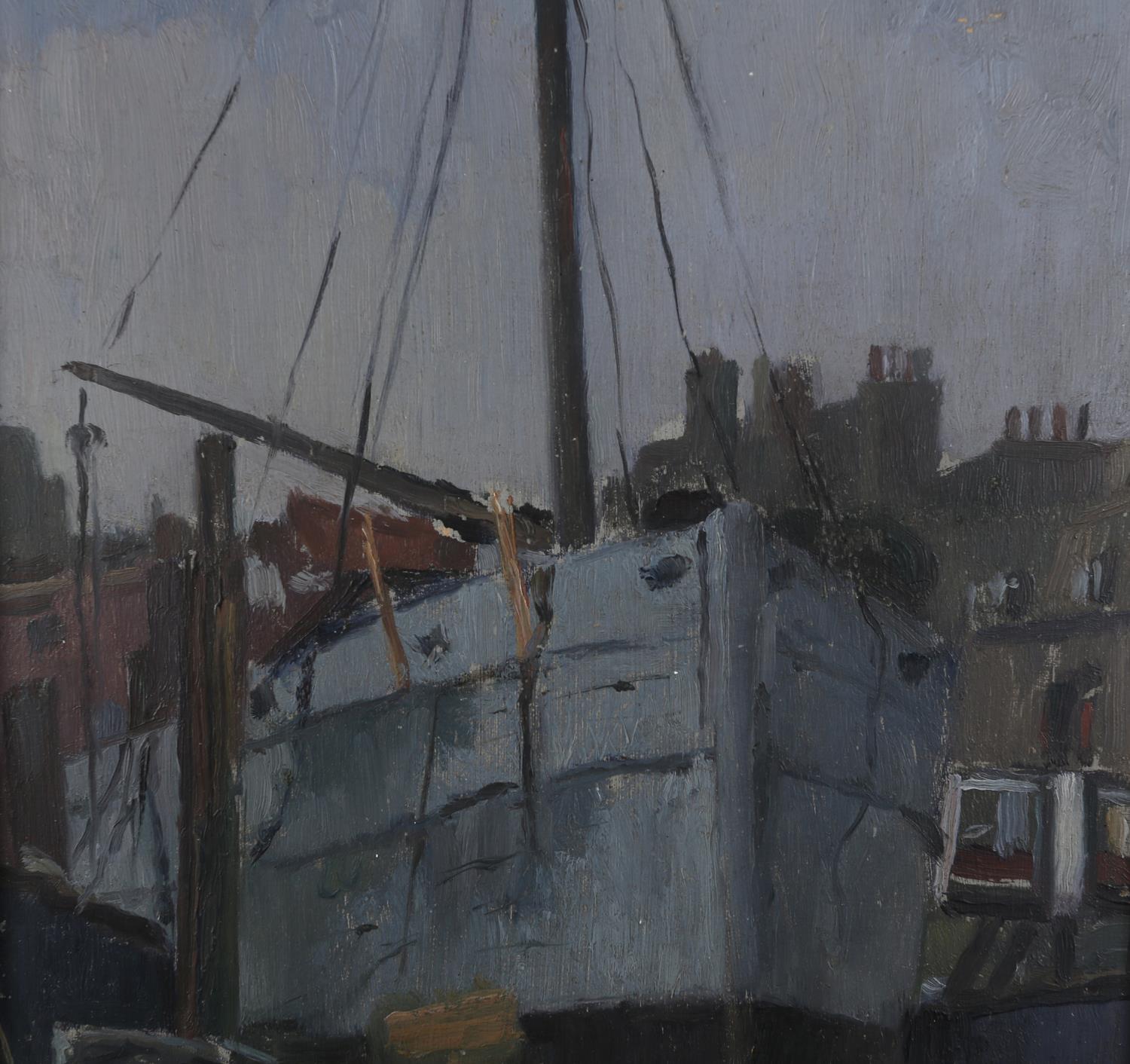 ARR Clifford Hall (1904-1973), 'The Pamela Hope,' Chelsea, London, boat in dry dock, oil on board, - Image 3 of 5