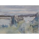 ARR Druie Bowett (1924-1998), shoreline with rocks, pen and ink, colour wash with wax resist,