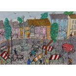 ARR Lois Bygrave (1915-1996), Skipton, the market place, print with pen, ink and watercolour, signed