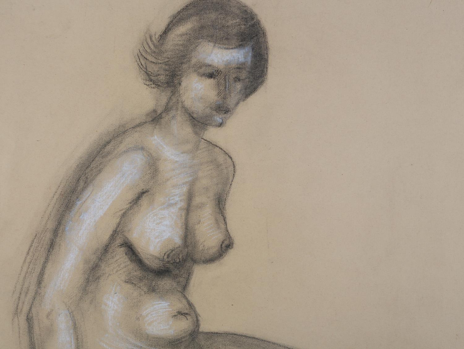 ARR Druie Bowett (1924-1998), study of a female nude, sitting, charcoal with white, signed and dated - Image 2 of 4