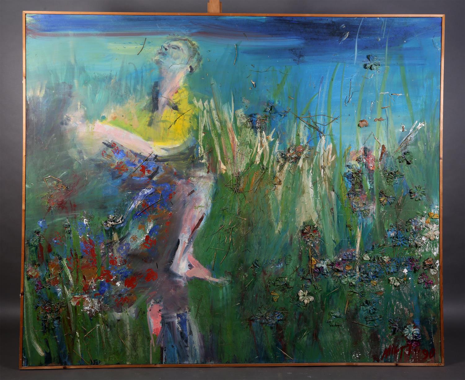 ARR Alan Pergusey, man and woman in a meadow strewn with wild flowers, oil with dried grass and