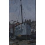 ARR Clifford Hall (1904-1973), 'The Pamela Hope,' Chelsea, London, boat in dry dock, oil on board,