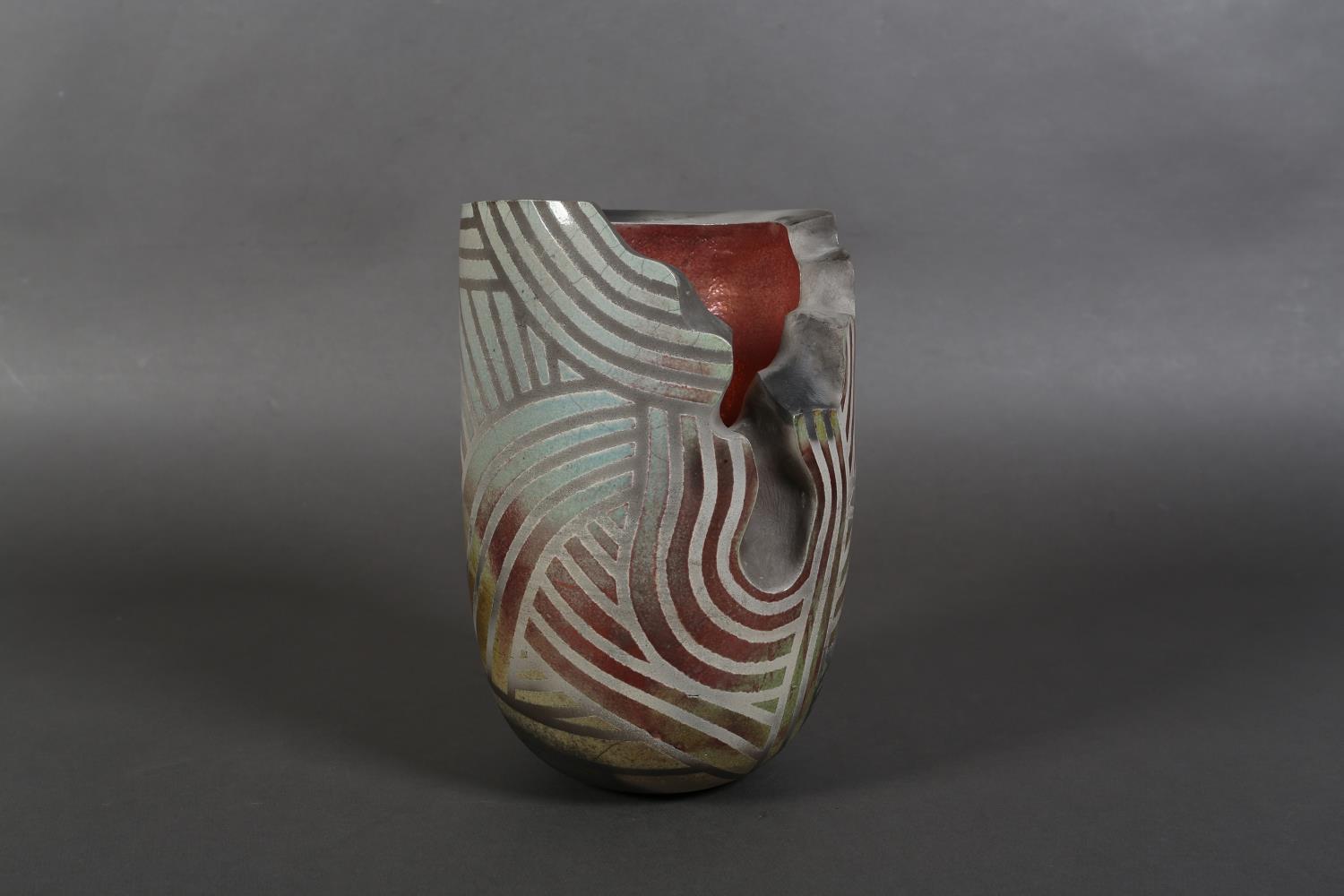 Paul Muchan (b.1948), an earthenware vase, cut away section to the body, matt grey linear designs on - Image 2 of 4