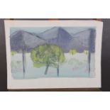 ARR Druie Bowett (1924-1998), mountain landscape and trees, pen, pencil and wash, not signed, 27cm x