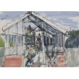 ARR Druie Bowett (1924-1998), Our Old Greenhouse, pen and ink and wash, signed to lower right,