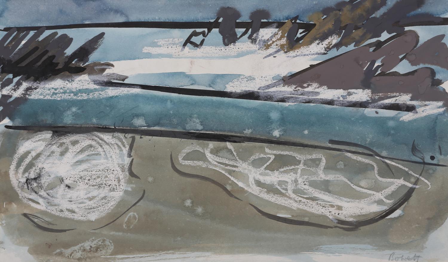 ARR Druie Bowett (1924-1998), shoreline, pen and ink, colour wash with wax resist, signed to lower