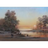 ARR Brian Shields 'braaq' (1951-1997), parkland at dusk with figures by the lakeside, pastel, signed