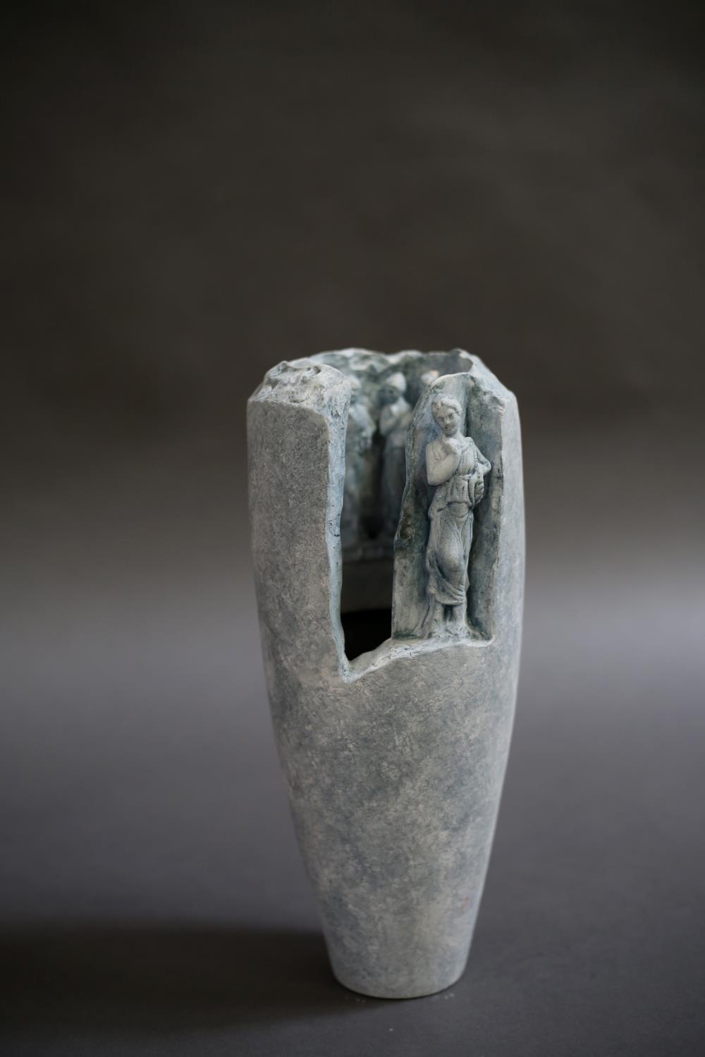 Studio pottery vase, tapered outline with cut-away section and classical figure, internally with - Image 4 of 4