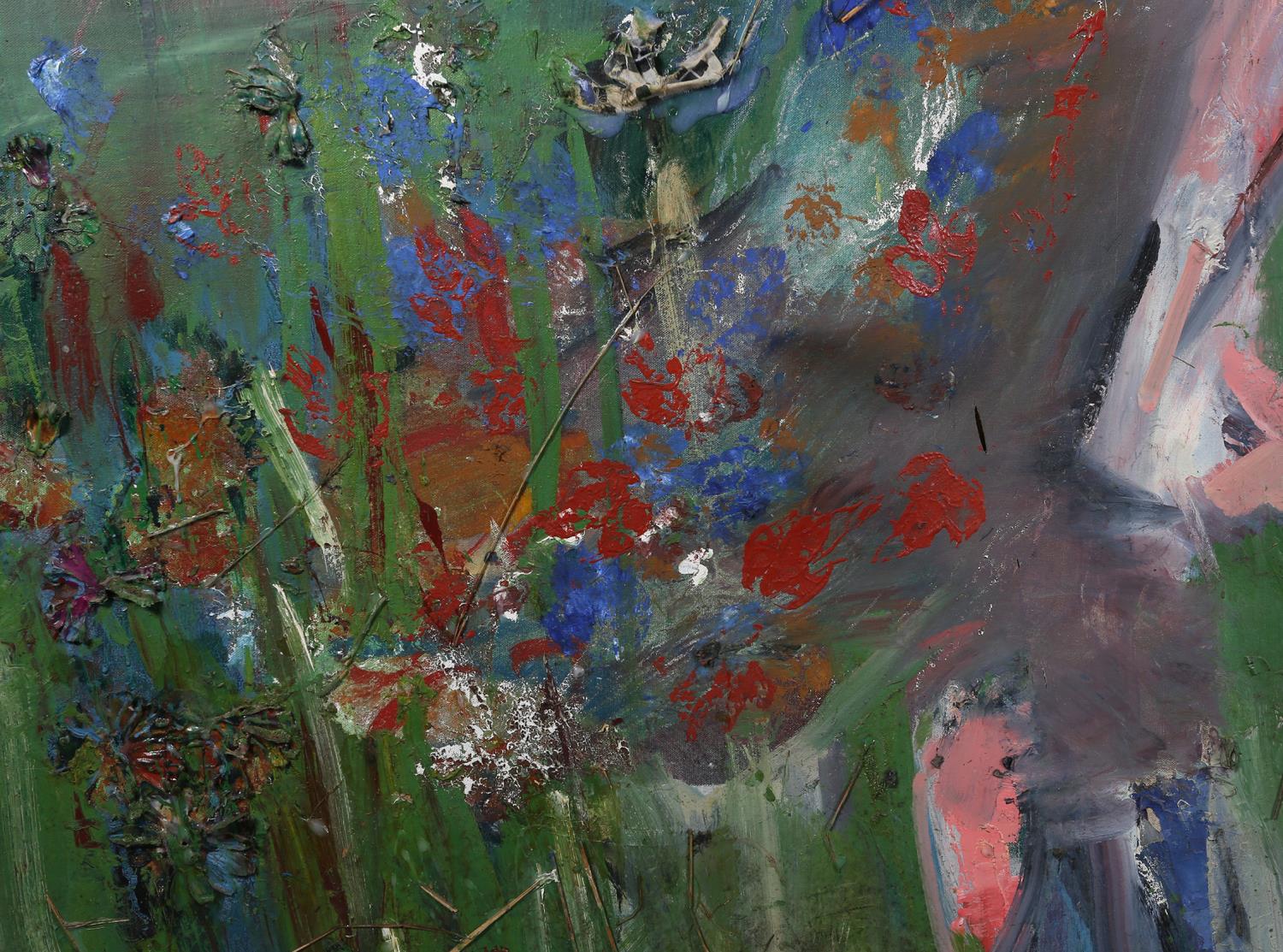 ARR Alan Pergusey, man and woman in a meadow strewn with wild flowers, oil with dried grass and - Image 3 of 9