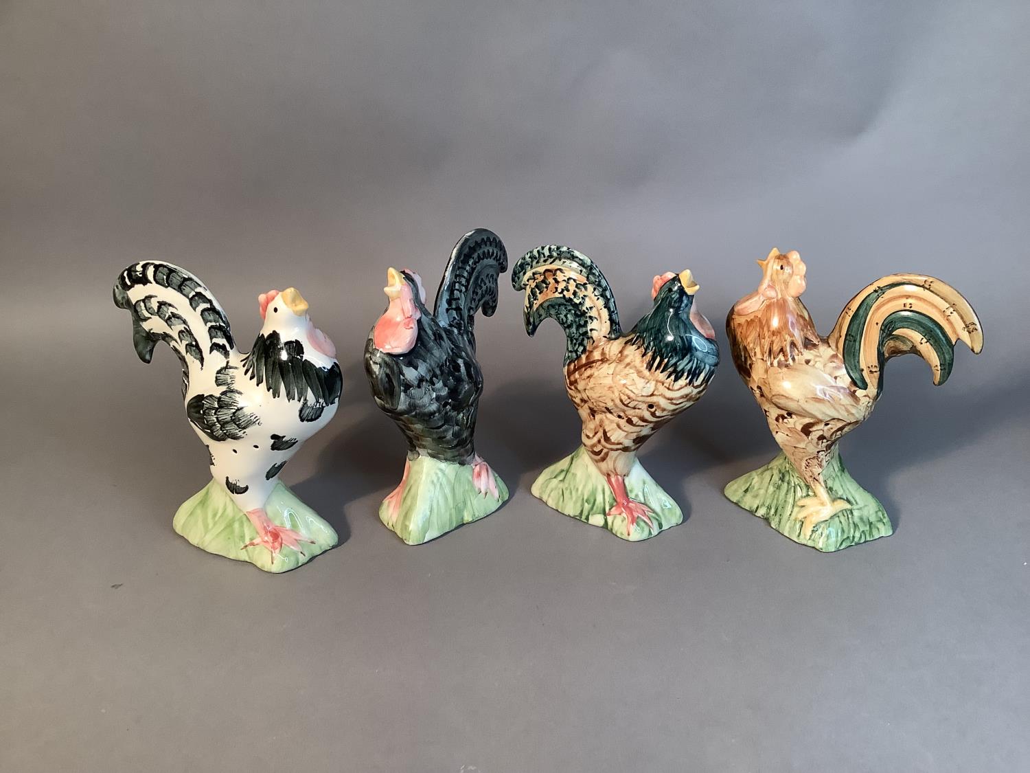 A set of four Alexander pomanders, slip moulded as crowing cockerels, variously decorated, 18cm high - Image 2 of 6