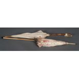 An Edwardian bamboo handle ecru parasol and a 1920s chinoiserie printed parasol with beech handle (