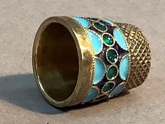 A Russian silver and enamel thimble, band of green enamel circles on a dark blue ground with - Image 3 of 4