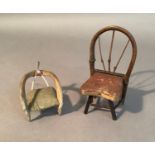 A doll's house chair made from two wishbones together with another with bamboo frame, 7cm and 12cm
