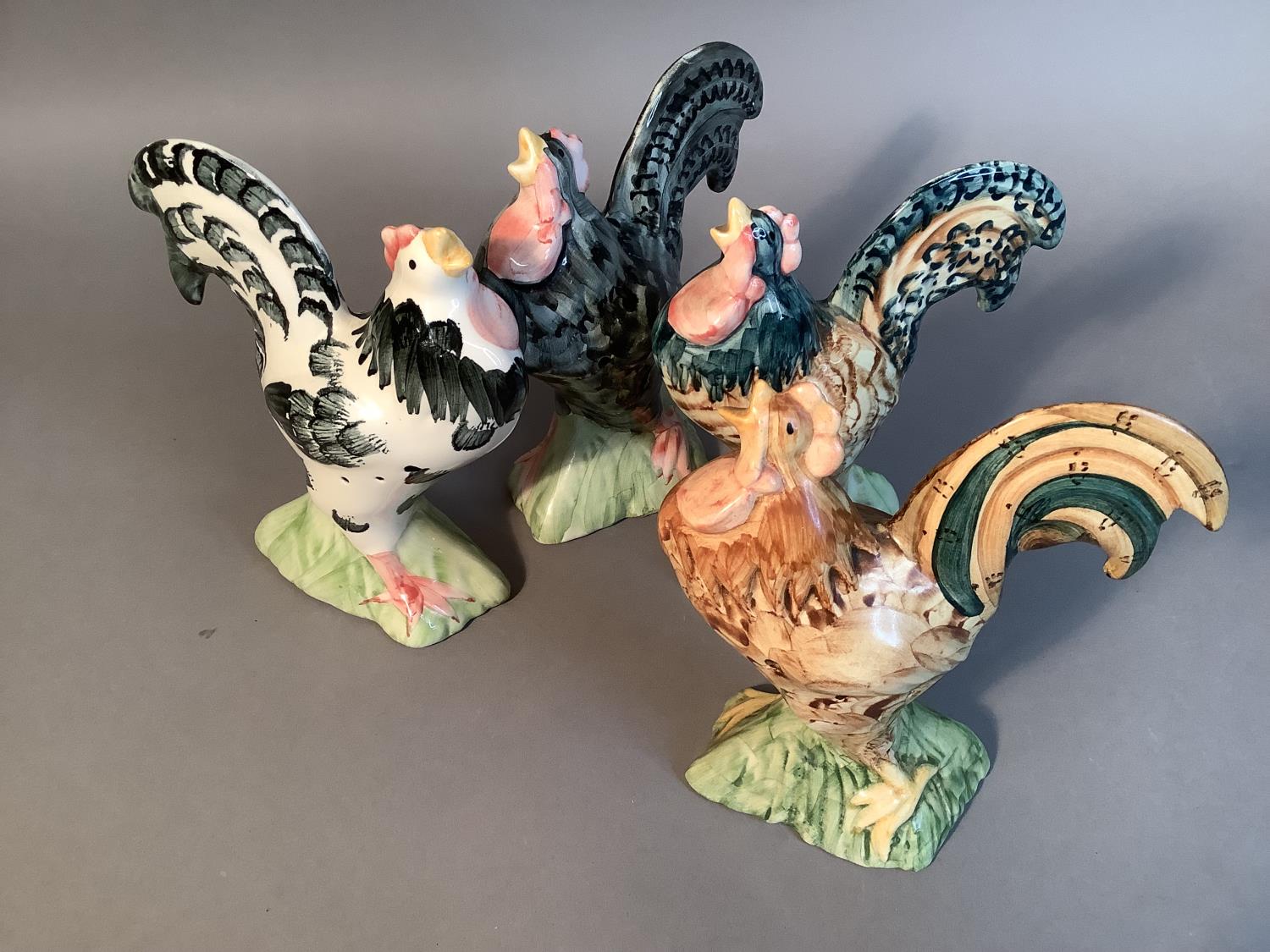 A set of four Alexander pomanders, slip moulded as crowing cockerels, variously decorated, 18cm high - Image 6 of 6