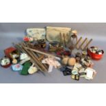 A box of vintage haberdashery including buttons, threads, darning mushrooms and a cat's cradle and