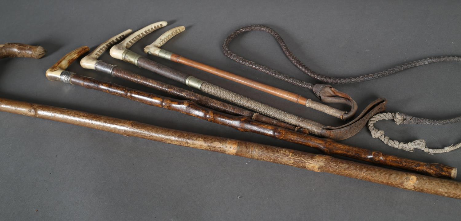 A riding crop with chequer carved antler handle, silver collar initialled B.H.S., woven leather - Image 3 of 4