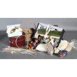 A large quantity of haberdashery, papier mache drum box, trims, threads, etc