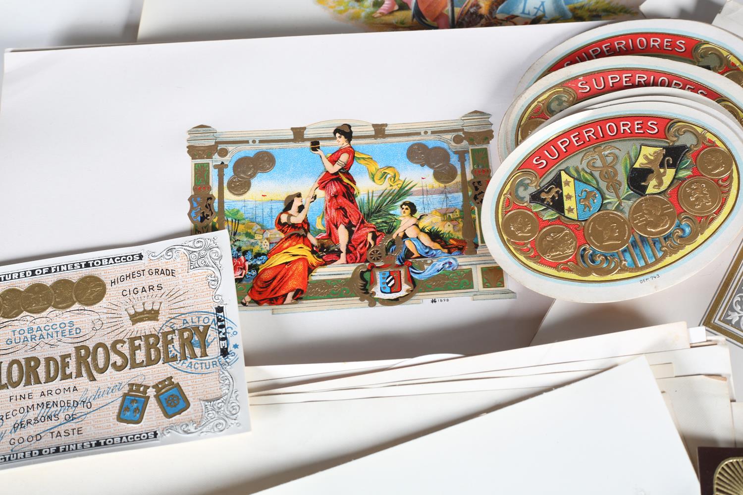 A large quantity of vintage chromolithographic and gilt printed cigar box labels, some with embossed - Image 3 of 8