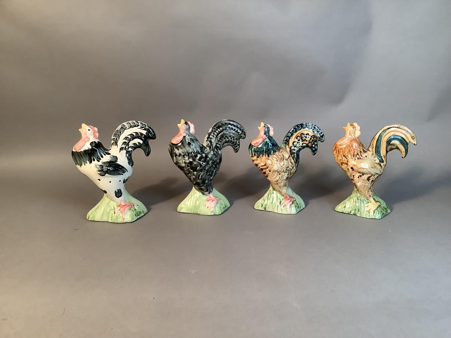 A set of four Alexander pomanders, slip moulded as crowing cockerels, variously decorated, 18cm high - Image 5 of 6