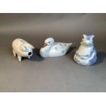 A Rye pottery pig money box, 13cm long, a Rye pottery frog, 12.5cm high and a Rye pottery duck, 19cm